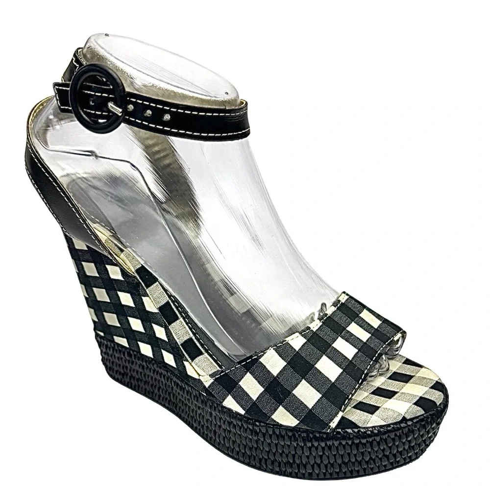 Save The Queen Wedge Sandals Black White Fabric Checks EU 37 US 7 Made In Italy